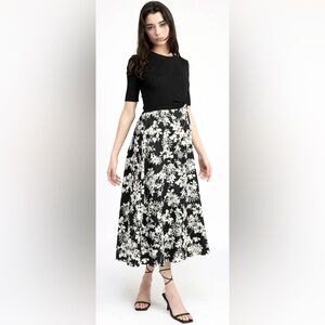 En Saison Josephine Mixed Media Midi Swing Dress Ribbed Knit/ Eyelet Floral